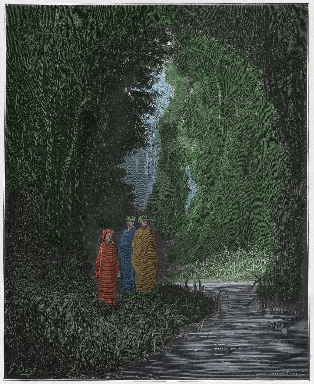 Purgatorio, sang 28 : Dante, Vergil og Statius (Stace) i den gamle skov i det jordiske paradis, illustration fra Den Guddommelige Komedie af Dante Alighieri, 1885 (digitalt farvelagt gravering) af Gustave after Dore