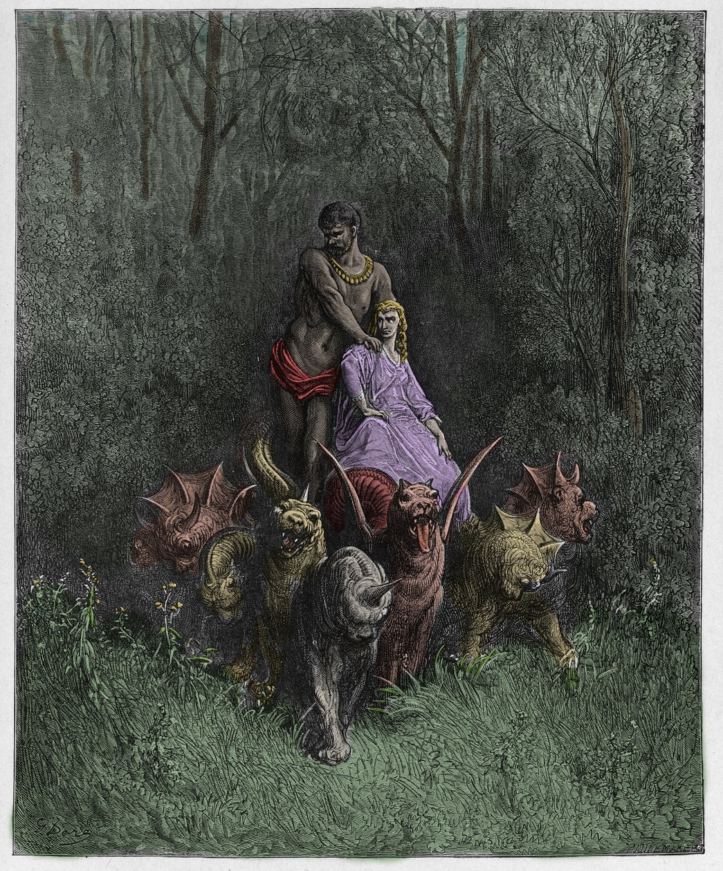 Purgatorio, Canto 32: Kæmpen og skøgen i vognen, illustration fra Den guddommelige komedie af Dante Alighieri, 1885 (digitalt farvet gravering) af Gustave after Dore