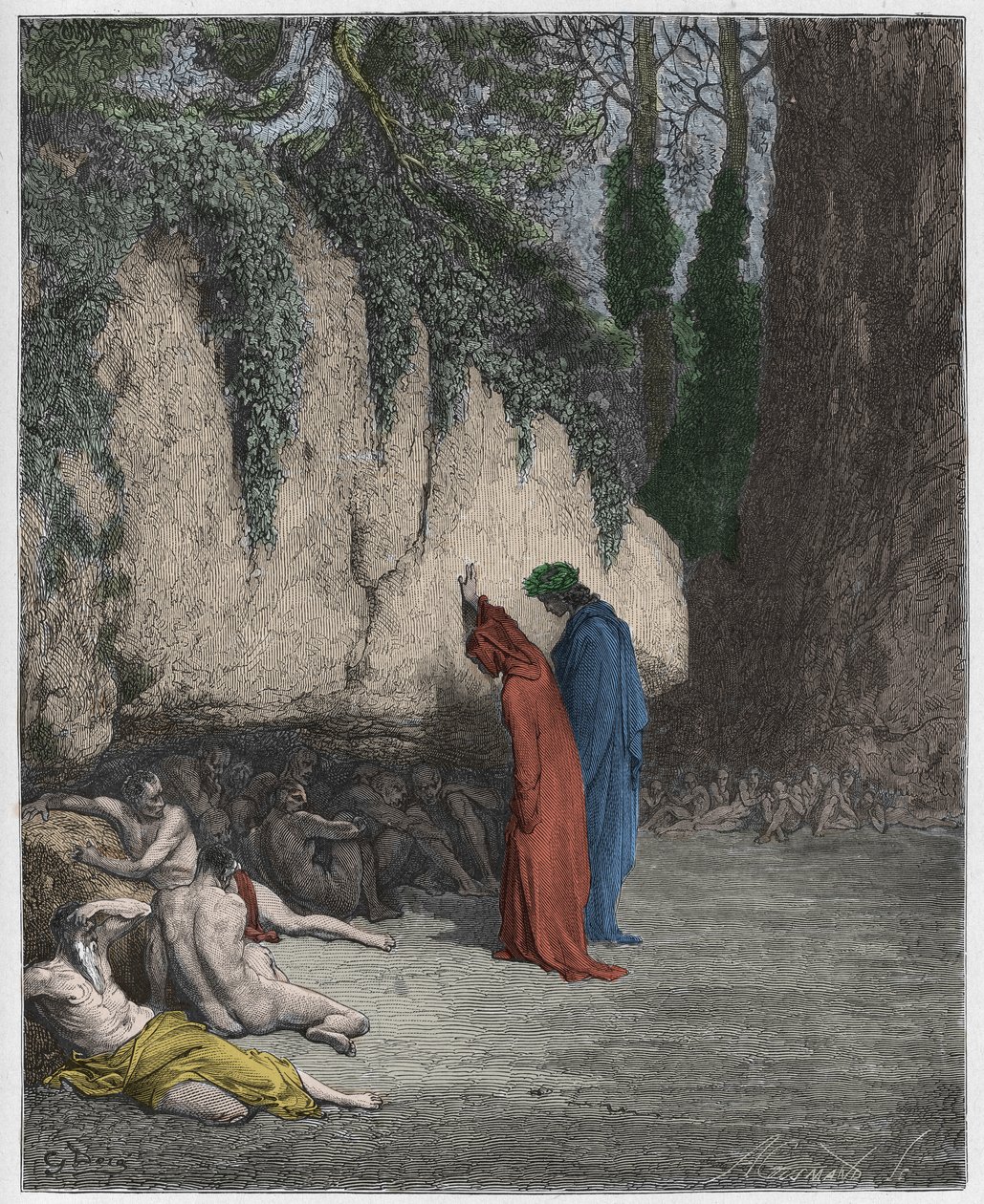 Purgatorio, Canto 4: De indolente sjæle ved siden af klippen, illustration fra Den guddommelige komedie af Dante Alighieri, 1885 (digitalt farvet gravering) af Gustave after Dore