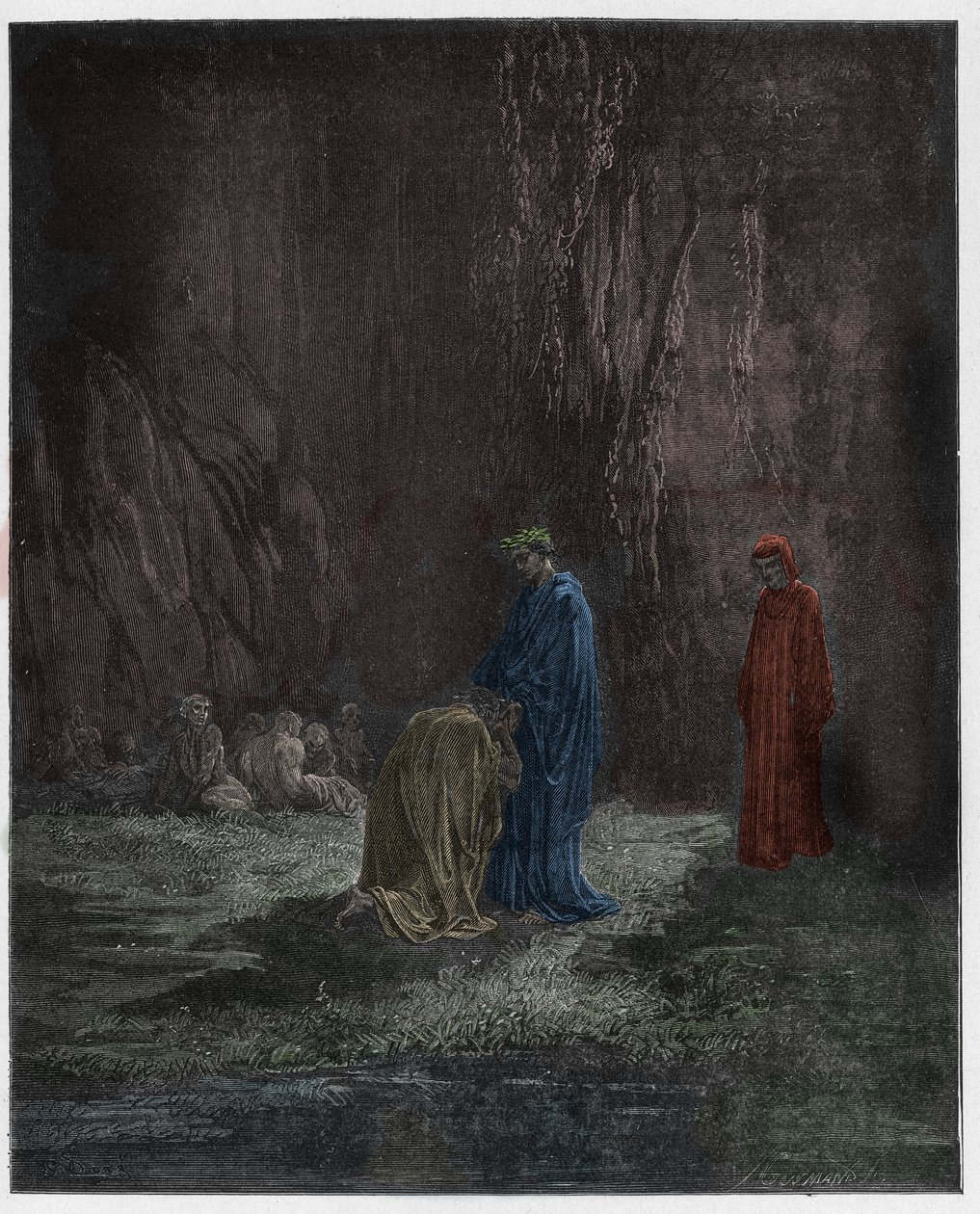 Purgatorio, Canto 7 : Digteren Sordello, forbløffet, knæler foran Virgil, illustration fra Den guddommelige komedie af Dante Alighieri, 1885 (digitalt farvet gravering) af Gustave after Dore