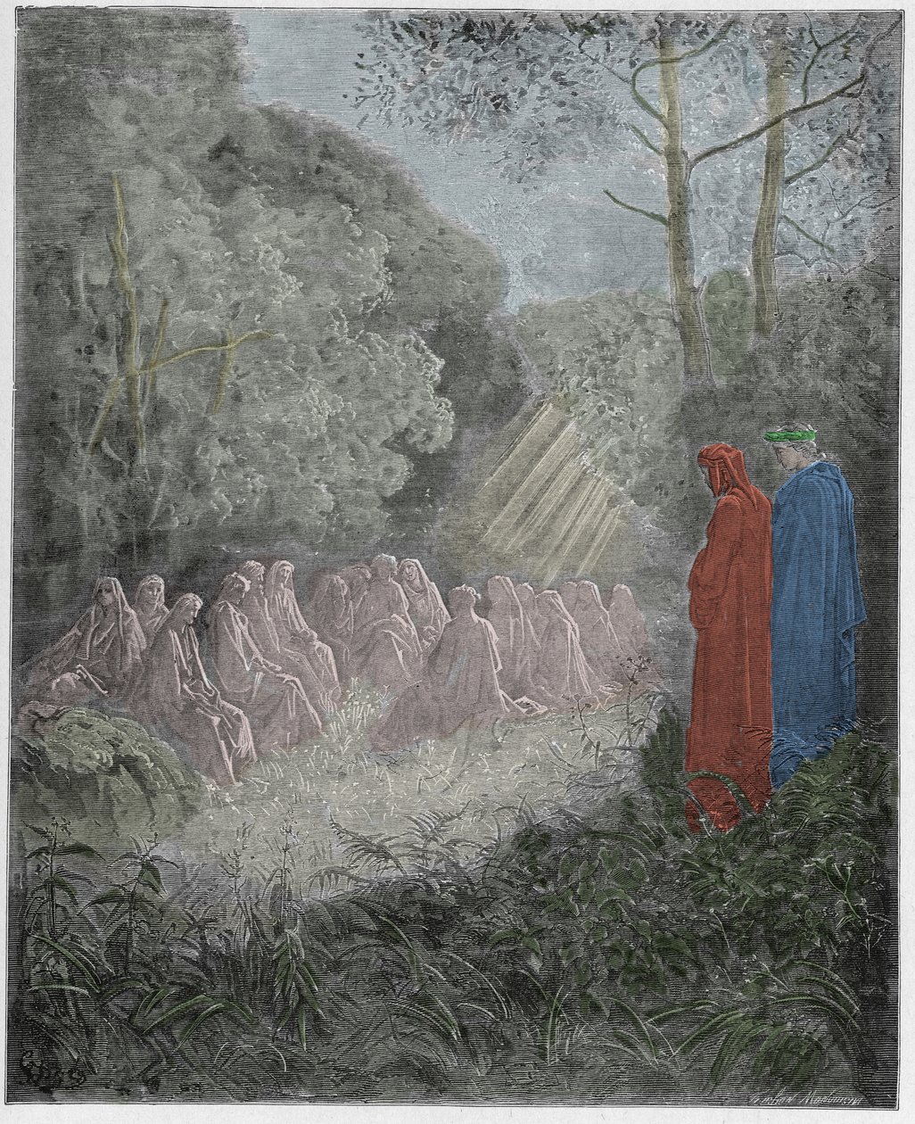 Purgatorio, Canto 7: Ånderne synger Salve Regina in the dell, illustration fra The Divine Comedy af Dante Alighieri, 1885 (digitalt farvet gravering) af Gustave after Dore