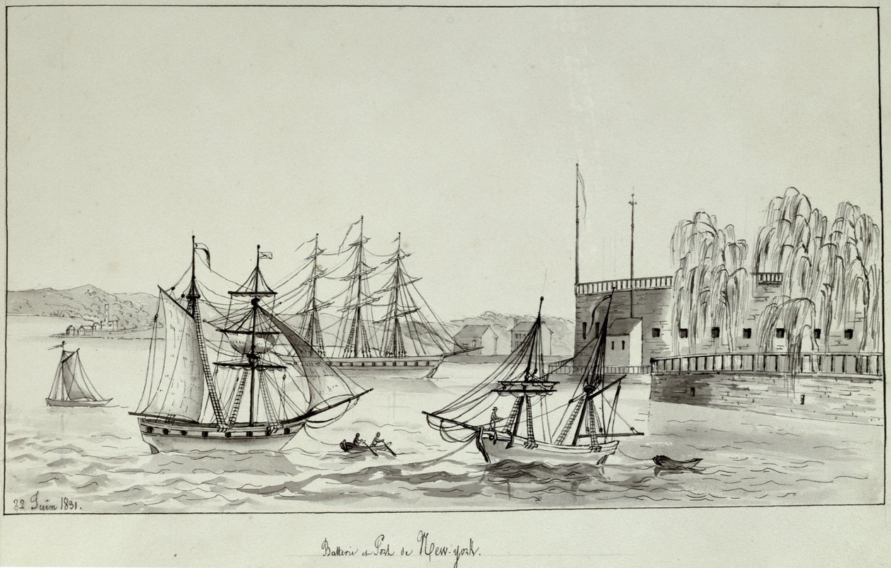The Battery and Port of New York, 1831 (pen og blæk og wc på papir) af Gustave de Beaumont