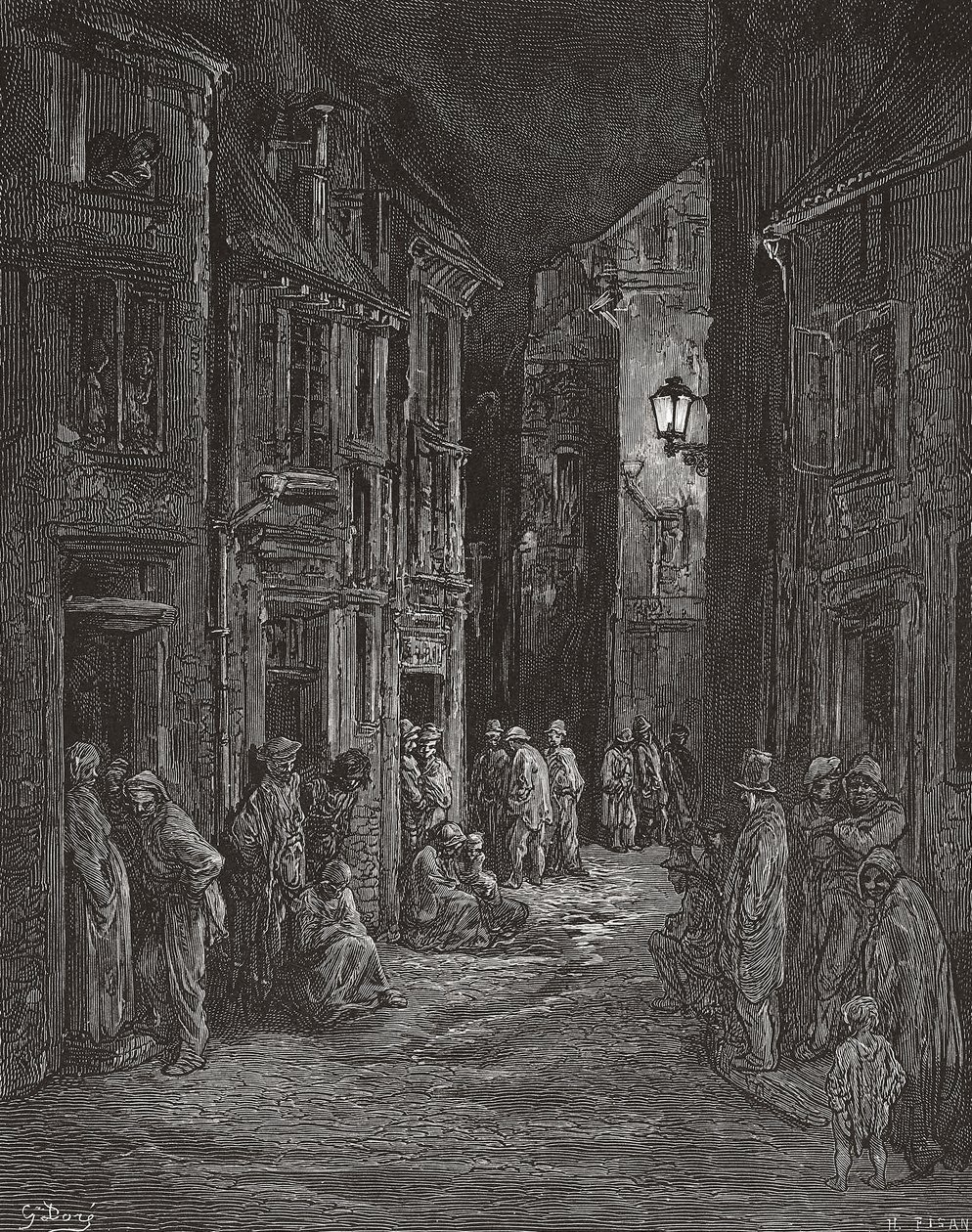 Bluegate Fields slumkvarterer, London i det 19. århundrede. (Print) af Gustave (after) Dore