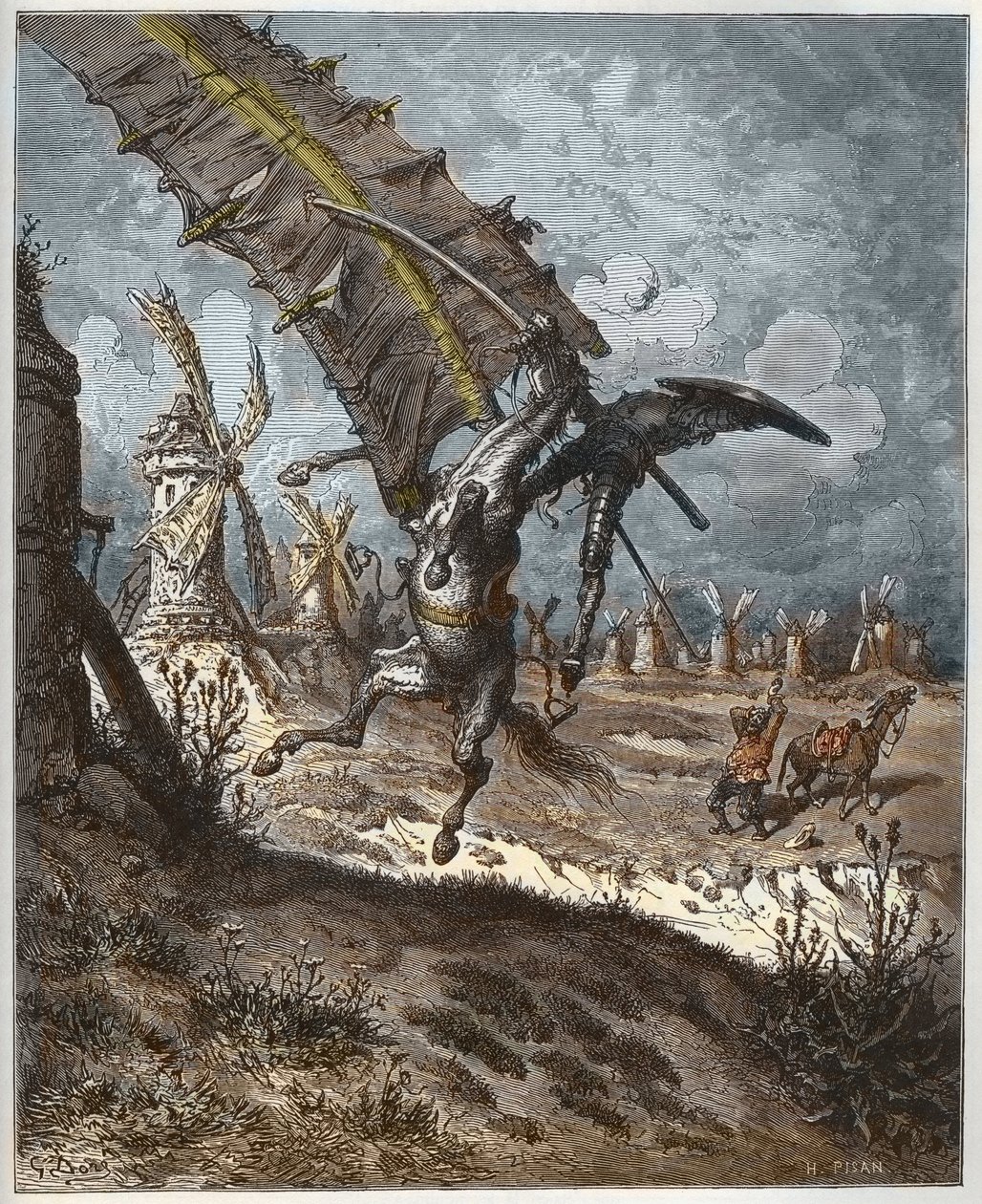 Don Quixote og vindmøllerne fra "Don Quixote de la Mancha" af Miguel Cervantes (1547-1616) (Don Quixote) - indgraveret af Heliodore Joseph Pisan (1822-90) efter tegning af Gustave Dore af Gustave (after) Dore