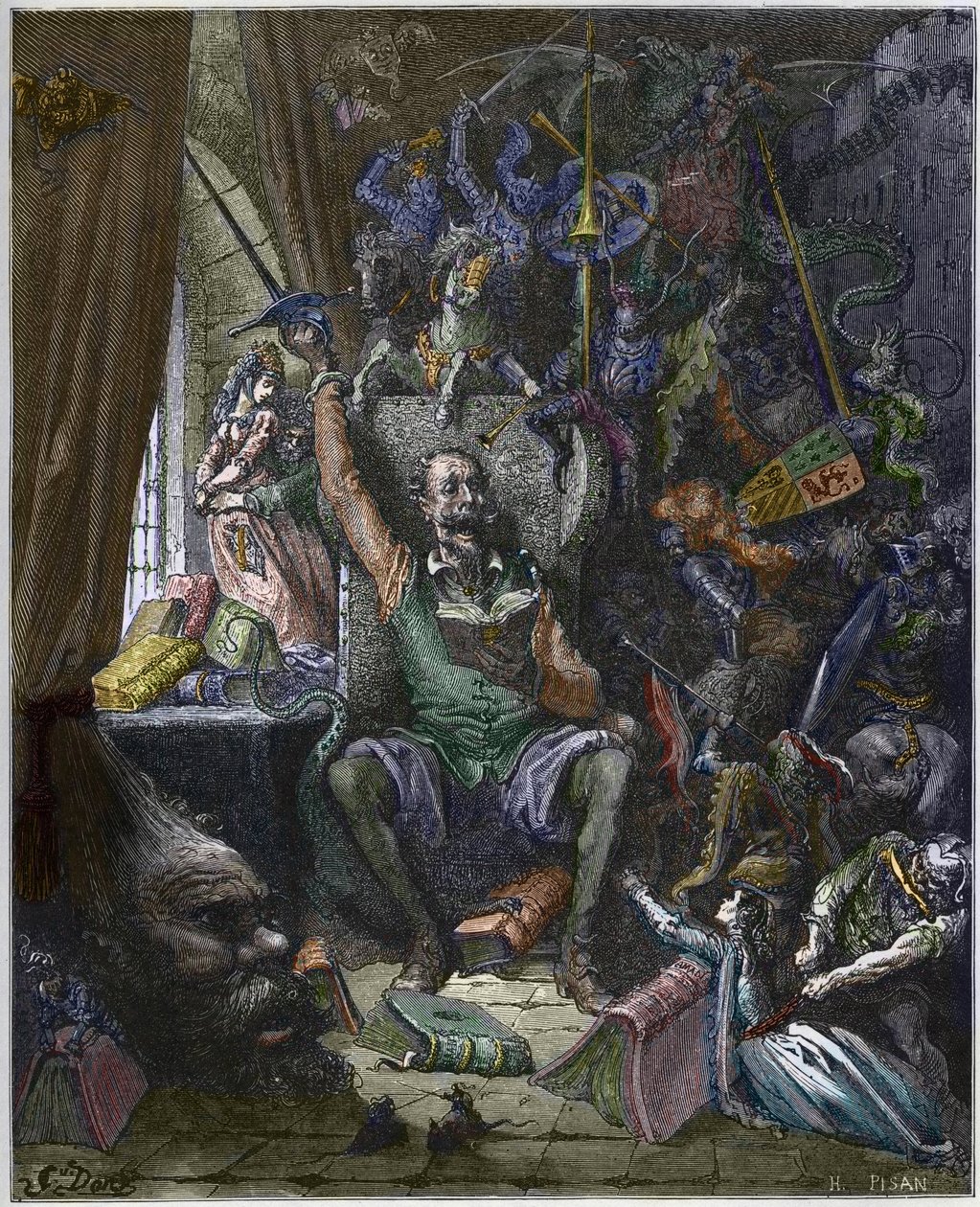 Don Quixote i sit arbejdsværelse omgivet af sine dagdrømmes fantomer - Don Quixote de la Mancha 