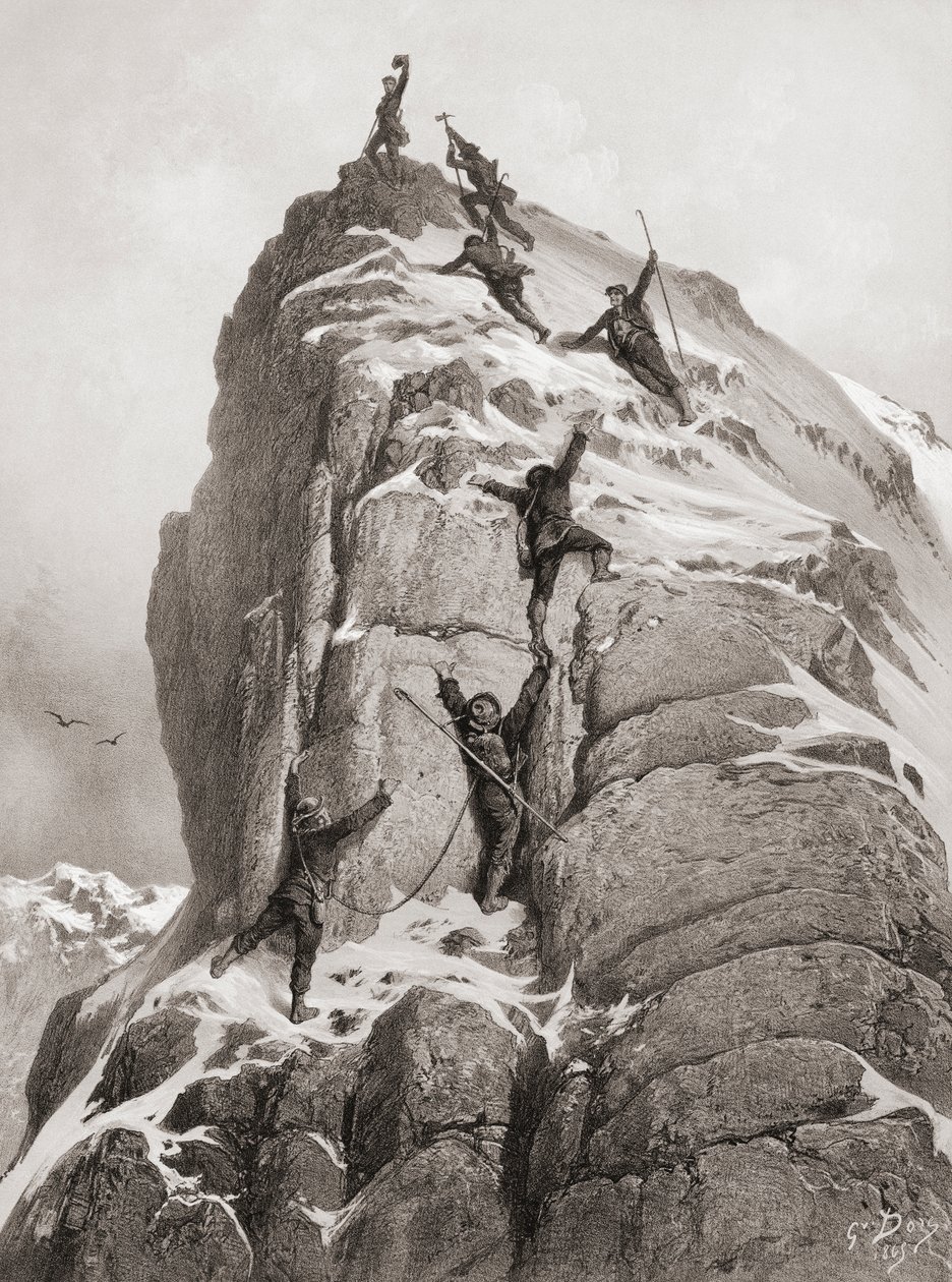 Første bestigning af Matterhorn (gravering) af Gustave (after) Dore