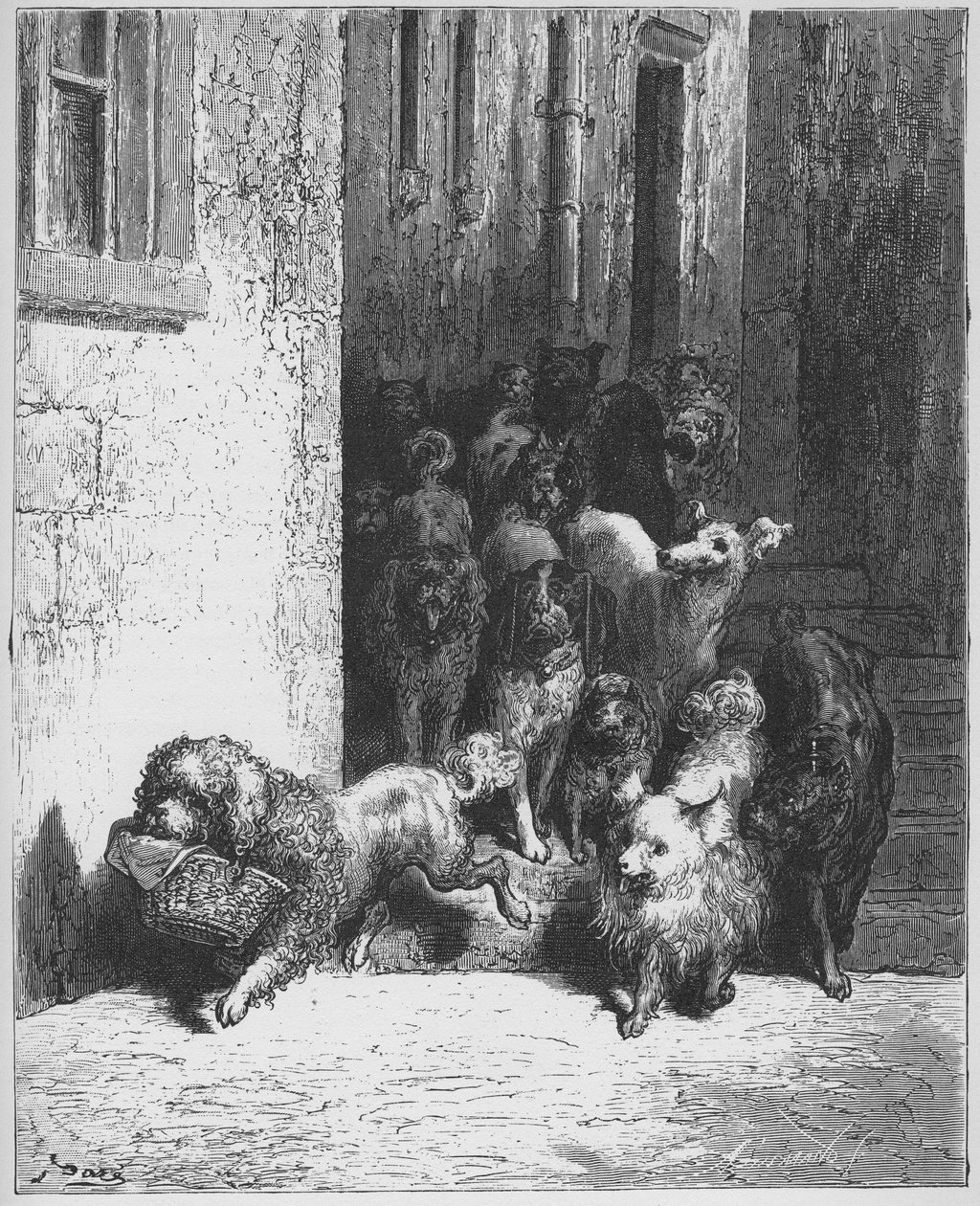 "Hunden, der bærer sin herres middag om halsen." Fabeln, La Fontaine (1621 - 1695), Stich von Gustave Doré (1823 - 1883) af Gustave (after) Dore
