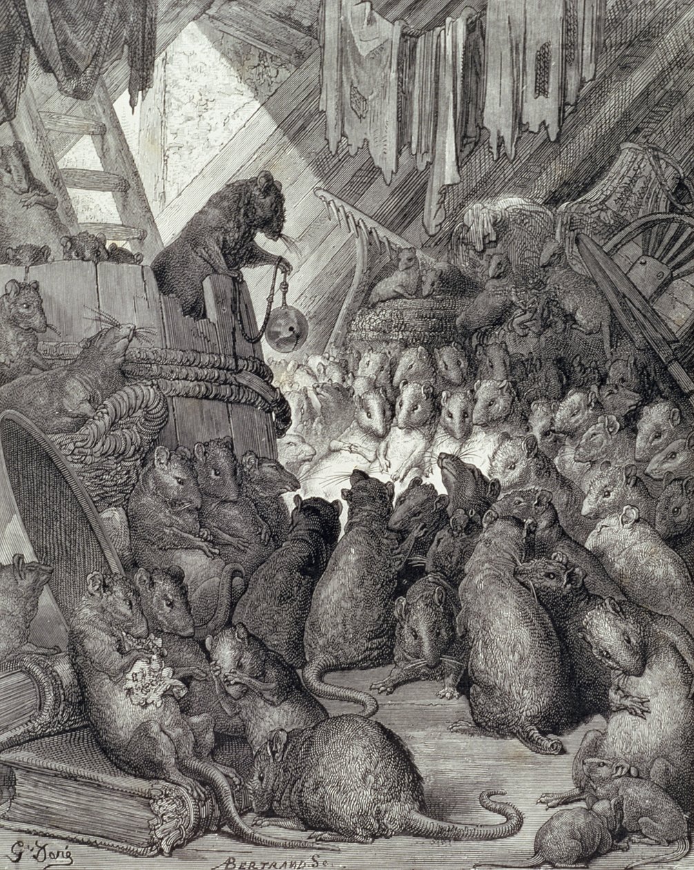 Rådet holdt af rotterne, fra fabler af La Fontaine, indgraveret af Antoine Valerie Bertrand (f.1823) c.1868 (gravering) af Gustave (after) Dore