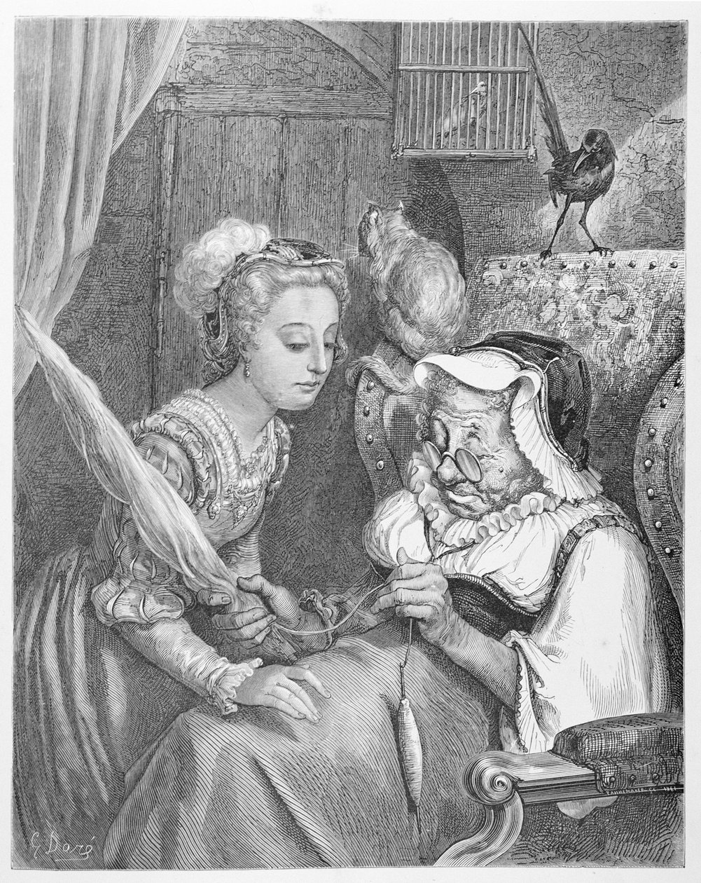 The Princess and Fairy Spite, graveret af Stephane Pannemaker (1847-1930) 1861 (gravering) af Gustave (after) Dore