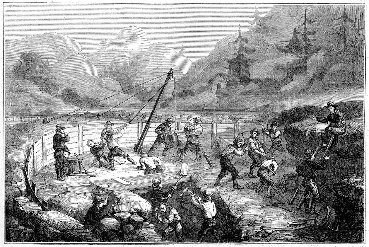 Udgravning og vask af sand på bunden af en flod, Californien, 1800-tallet. af Gustave Adolphe Chassevent Bacques