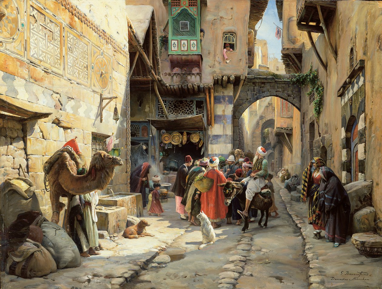 A Street Scene, Damaskus (olie på panel) af Gustave Bauernfeind