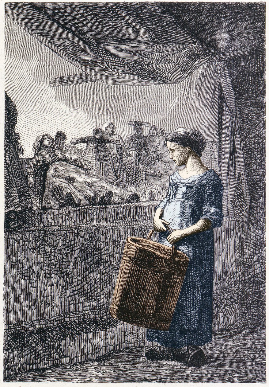 Cosette foran legetøjsbutikken - i "" Les Miserables"" af Victor Hugo, ill. af Brion, red. Hetzel og Lacroix af Gustave Brion