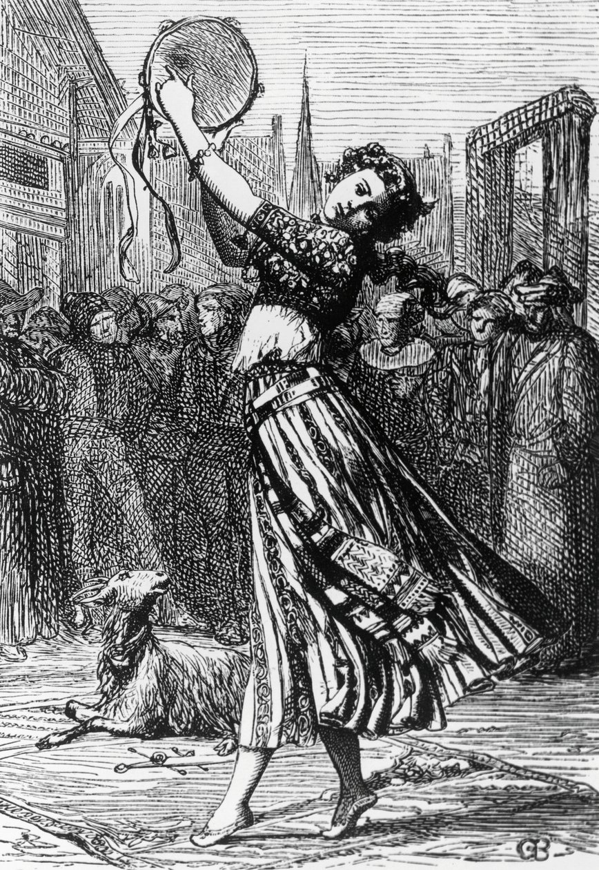 Esmeralda med sin ged Djali, illustration til Hunchback of Notre-Dame, roman af Victor Hugo (1802-1885), gravering efter tegning af Gustave Brion (1824-1877), udgivet af Hetzel, Paris af Gustave Brion