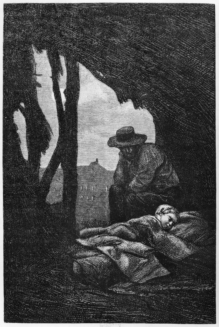 Jean Valjean våger over Cosette sovende, illustration fra 
