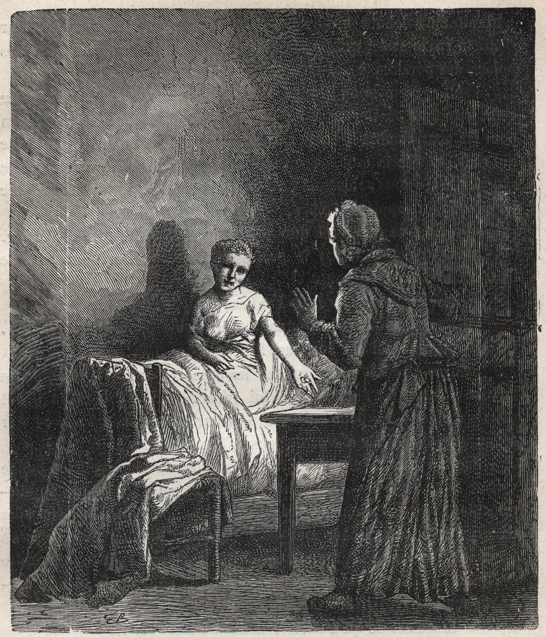 Marguerite træder ind på Fantines værelse og Fantine viser ham to Napoleoner (mønt), der kan redde Cosette, hans datter - Illustration af Gustave Brion (1824-1877) til "The Miserables - First part: Fantine" af Victor Hugo (1802-1885) 1862 af Gustave Brion
