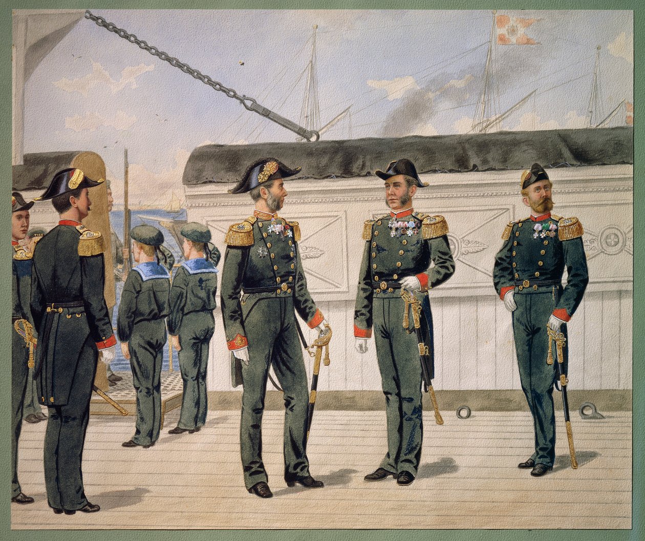 Søværnets officerer i uniform. Akvarel af Gustav Brock af Gustave Brock