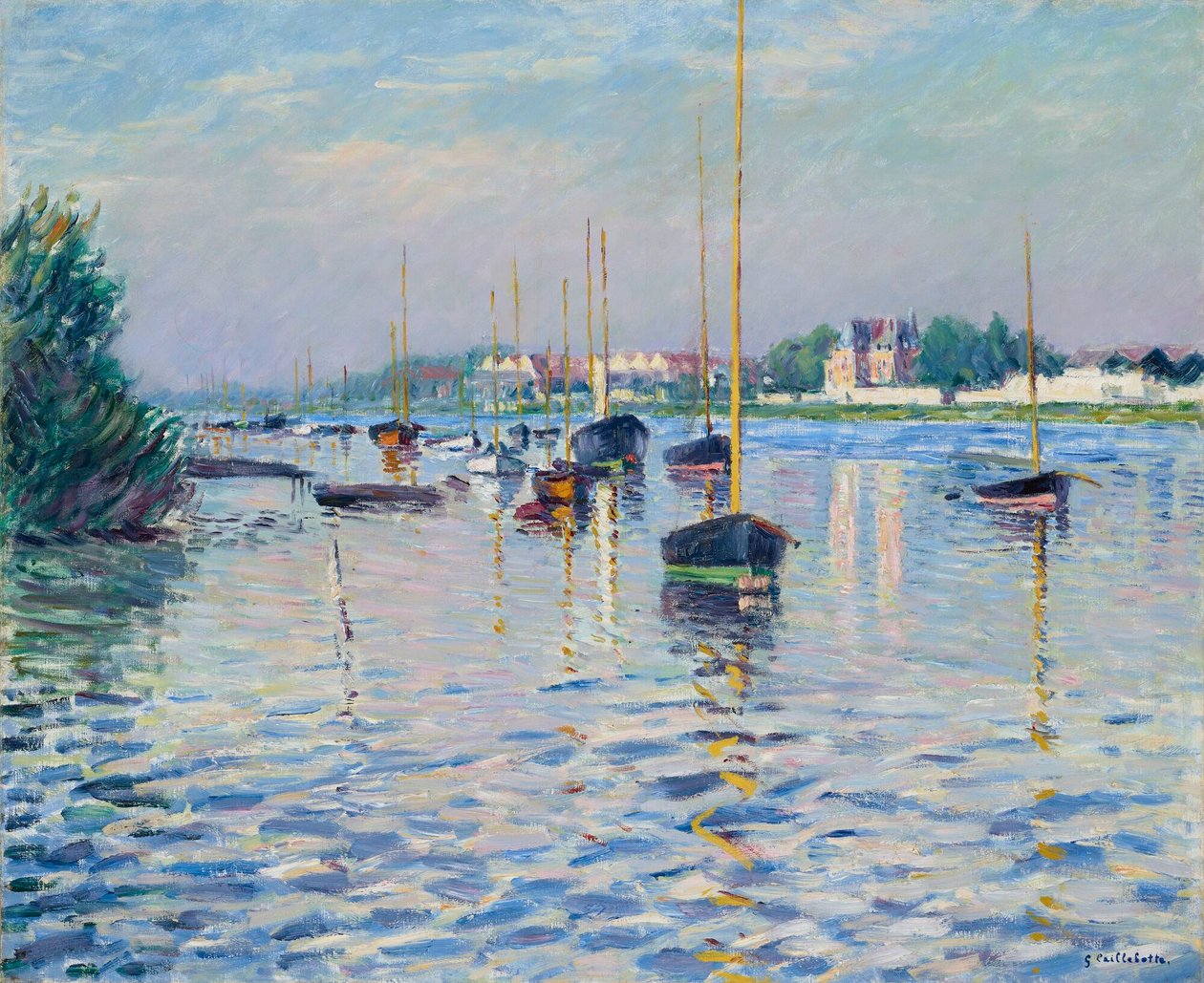 Fransk: Bateaux au mouillage sur la Seine à Argenteuil Både fortøjet på Seinen ved Argenteuil af Gustave Caillebotte