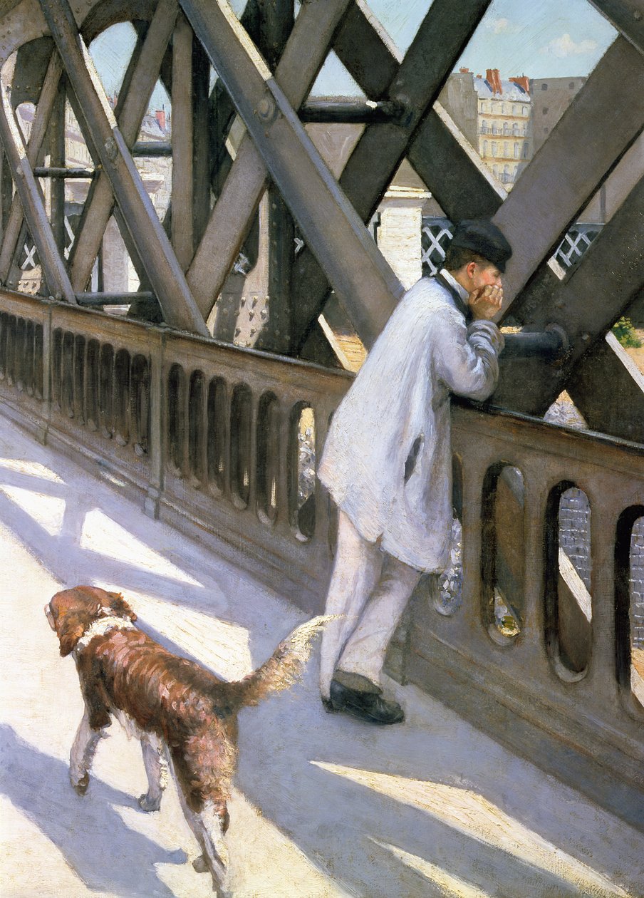 Le Pont de LEurope: detalje af en hvilende mand og en hund, 1876 detalje af 50110 af Gustave Caillebotte