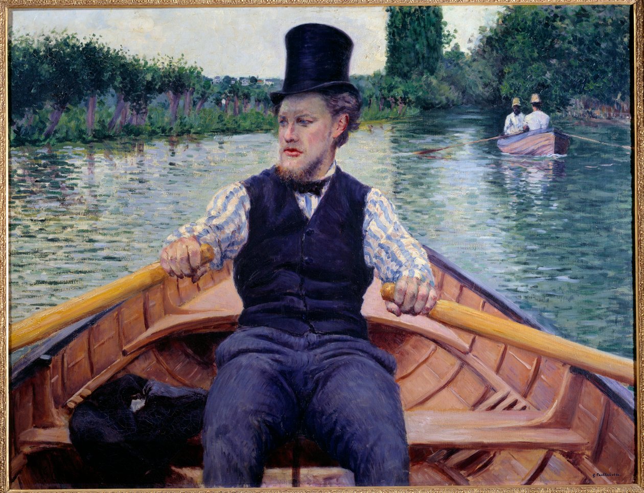 En del af båden. En mand iført høj hat ror i en båd. Maleri af Gustave Caillebotte (1848-1894) af Gustave Caillebotte