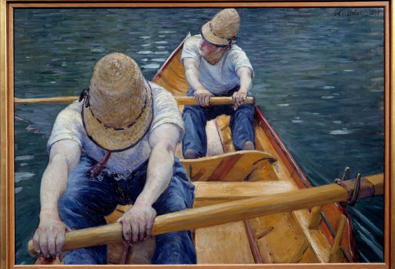 Kanofolket ror på Yerres-maleriet af Gustave Caillebotte (1848-1894) 1877 søn. 0,77x1,1 m Privat samling - Bådmændene på Yerres. Maleri af Gustave Caillebotte (1848-1894) af Gustave Caillebotte