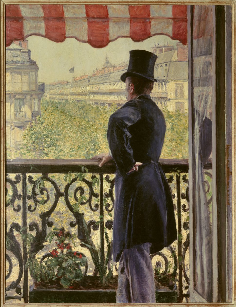 Manden på balkonen En elegant mand i høj hat hviler på rækværket af en balkon på de store parisiske boulevarder. Maleri af Gustave Caillebotte (1848-1894) 1880 søn. 0,86 x 1,14 m. Privat samling - Manden på balkonen. En smart mand i høj hat le af Gustave Caillebotte