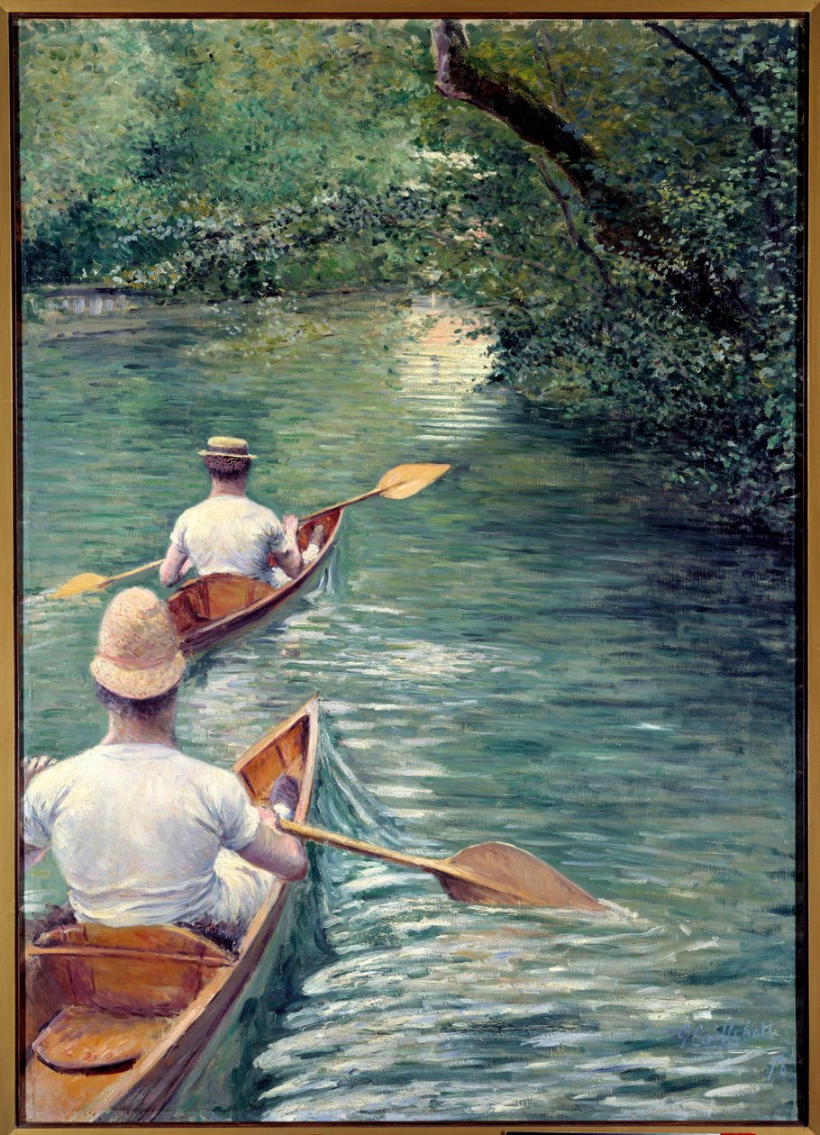 Perissoirerne. Par går i vandet i perissoires, en slags kajak (kanoerne). (Element af et dekorativt sæt: triptykon designet med La Peche a la Ligne og Les Baigneurs). Maleri af Gustave Caillebotte (1848-1894) af Gustave Caillebotte