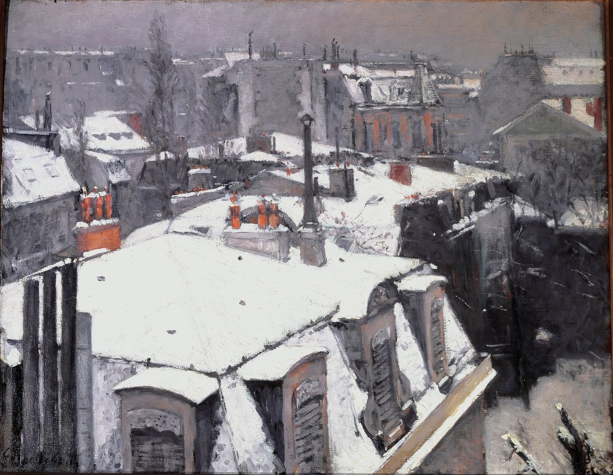 Udsigt over tagene (Effekt af sne) - olie på lærred af Gustave Caillebotte