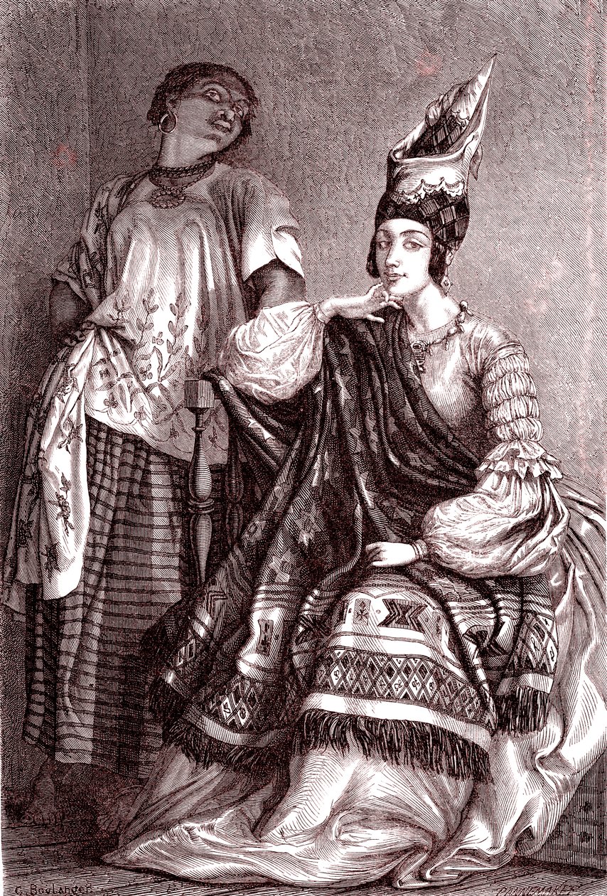 Signare, de mulat-franske afrikanske kvinder i byen Saint Louis, Senegal. 1861 (gravering) af Gustave Clarence Rodolphe Boulanger