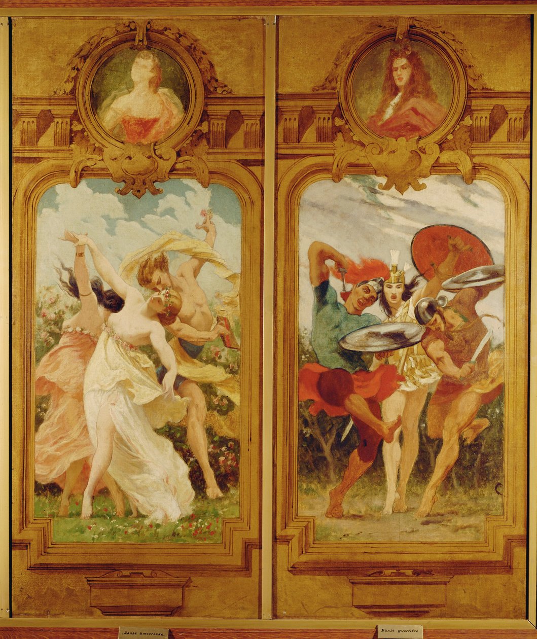 Foyer de la Danse har fire vægmalerier af Boulanger, der viser en Danse amoureuse, en kærlighedsdans, og en Danse guerriere, en krigsdans ... (vægmaleri) af Gustave Clarence Rodolphe Boulanger