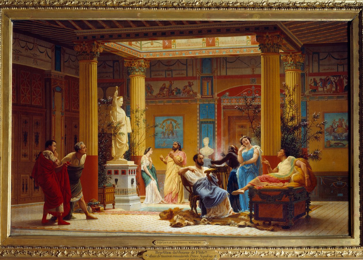 Gentagelsen af "Fløjtespilleren..." og "La Femme de Diomede"" i atriumet i Maison Pompeienne i Paris af Prins Napoleon i 1860. Maleri af Gustave Boulanger (1824-1888) af Gustave Clarence Rodolphe Boulanger