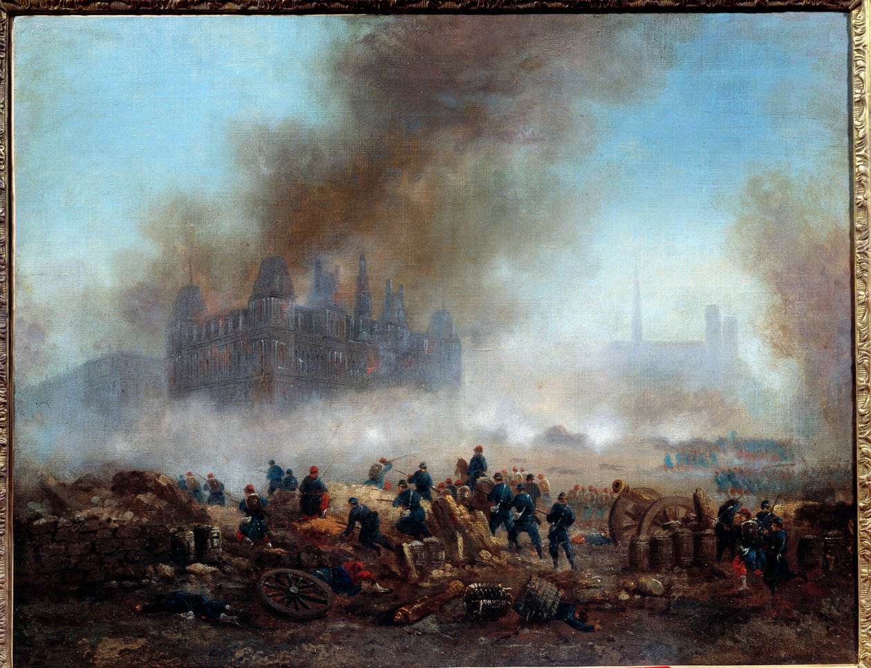 Rådhusbranden, angrebet af tropperne fra Versailles (27. maj af Gustave Clarence Rodolphe Boulanger