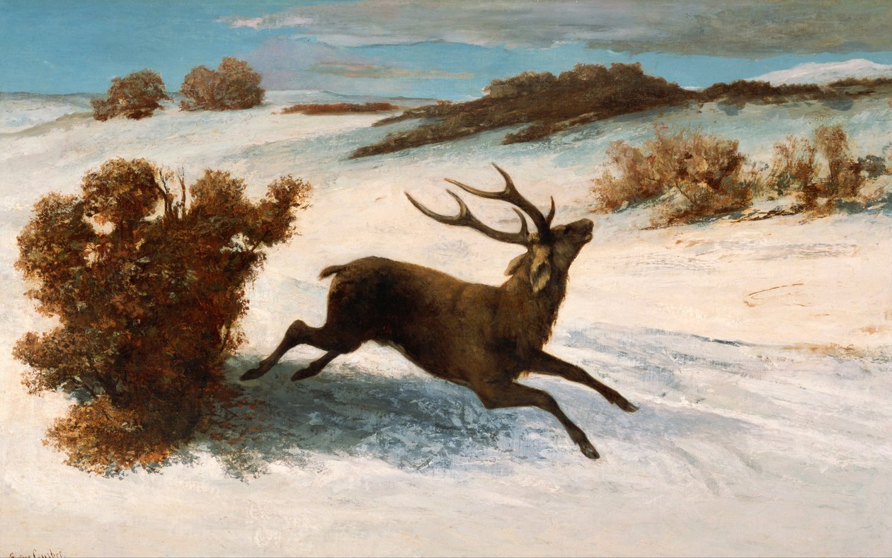Hjorte løber i sneen. af Gustave Courbet