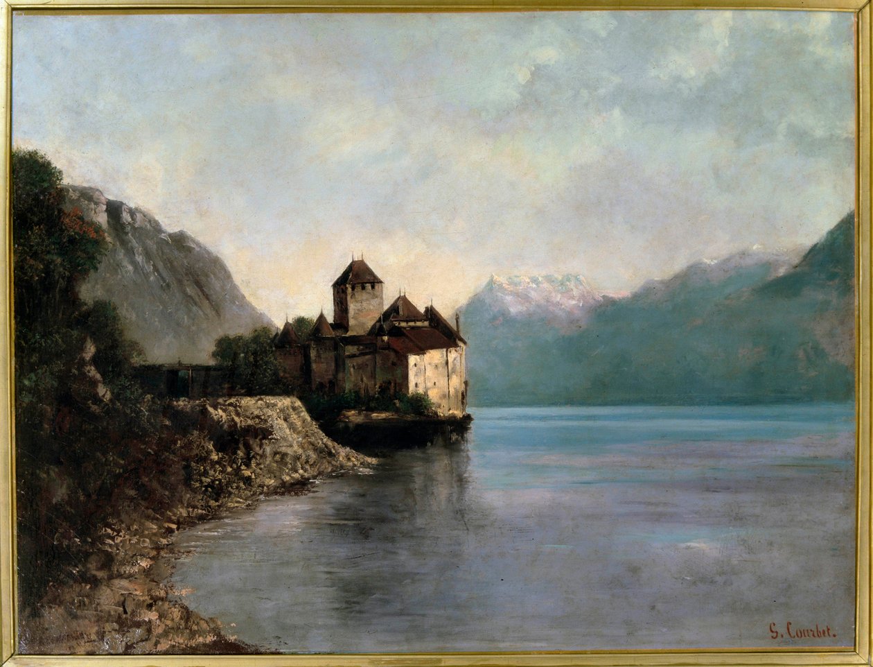 Et slot ved bredden af søen Leman i Schweiz. Udsigt over slottet Chillon. (olie på lærred af Gustave Courbet