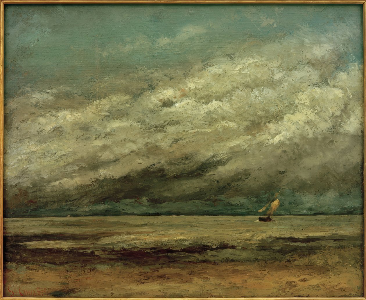 Sejlbåd nær kysten, stormfuld himmel af Gustave Courbet