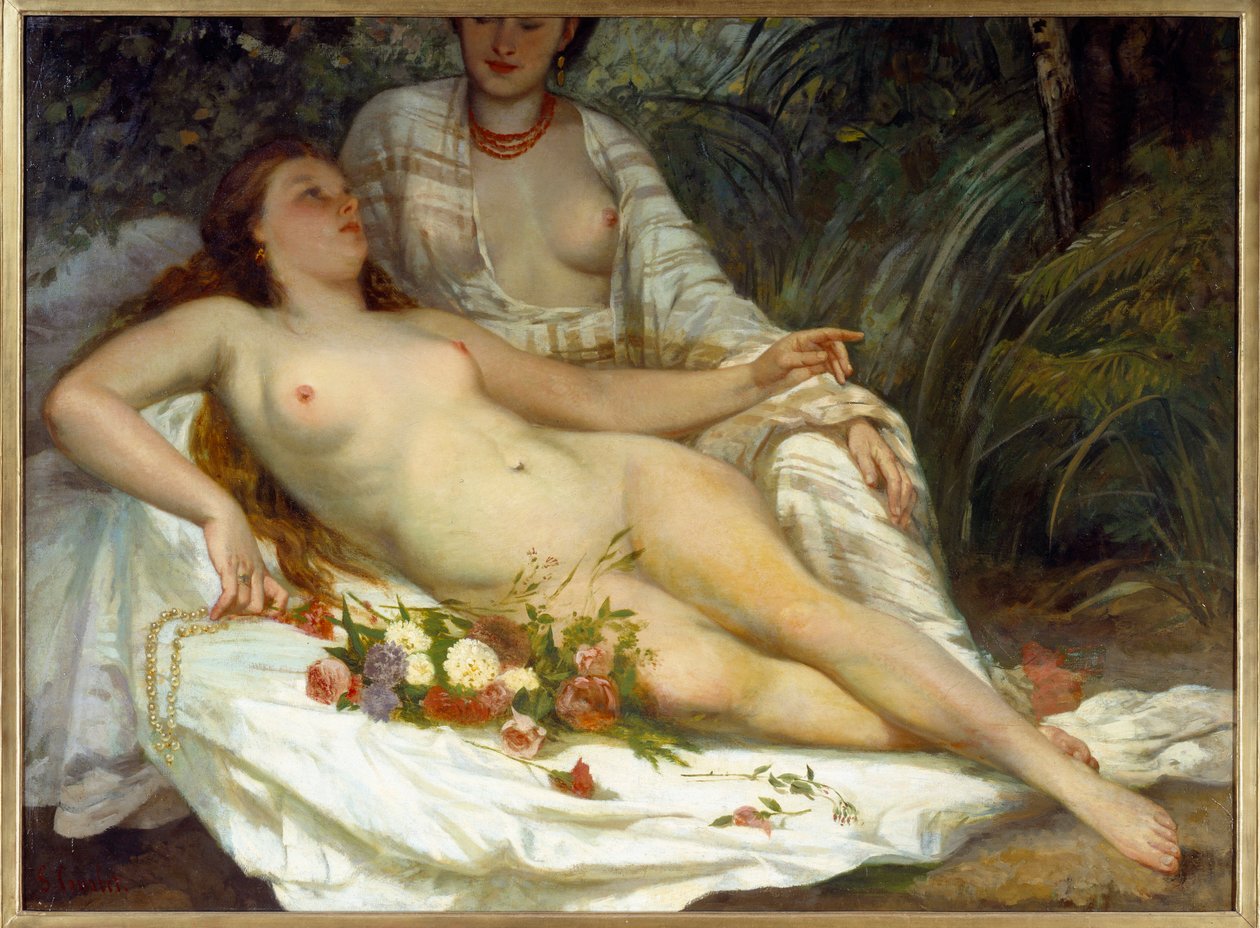 Badende siger to nøgne kvinder. Maleri af Gustave Courbet (1819-1877) af Gustave Courbet