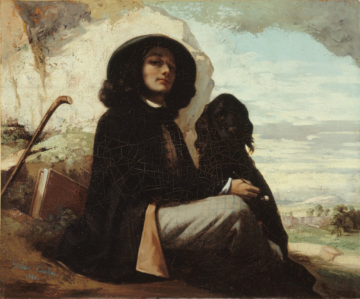 Fransk:  Autoportrait dit Courbet au chien noir Selvportræt med en sort hund af Gustave Courbet