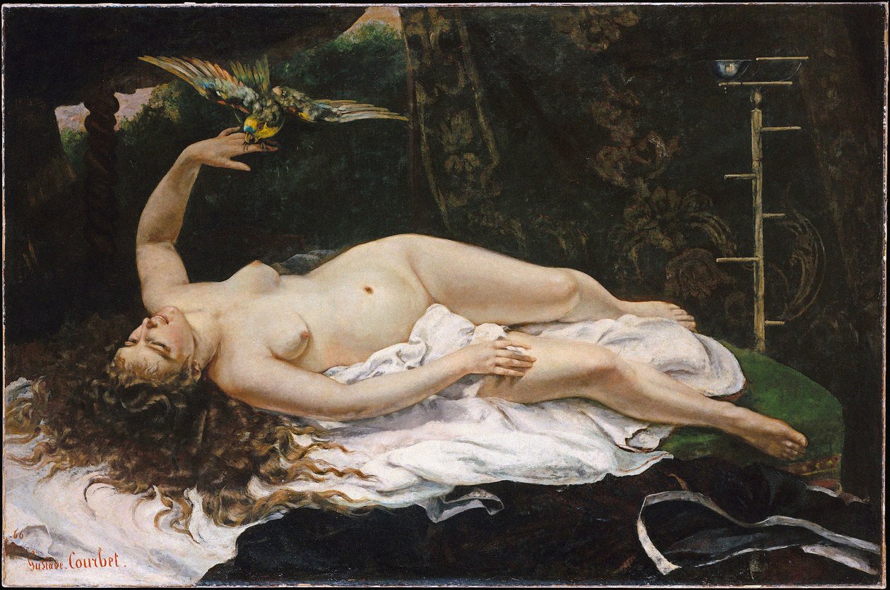Fransk:  La Femme au perroquet Kvinde med papegøje af Gustave Courbet