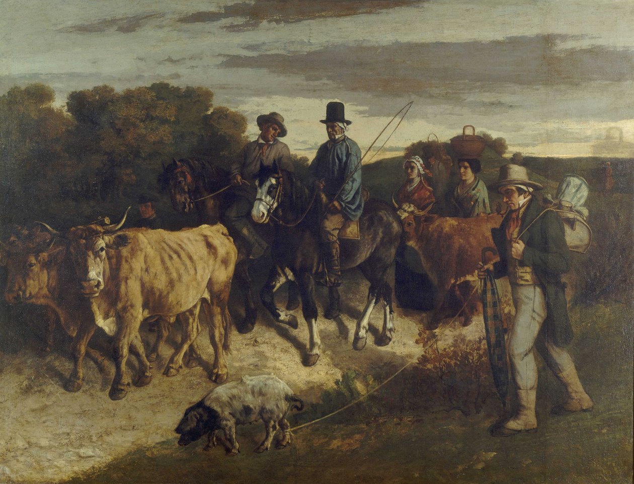 Fransk:  Les Paysans de Flagey revenant de la foire Bønder fra Flagey tilbage fra messen af Gustave Courbet