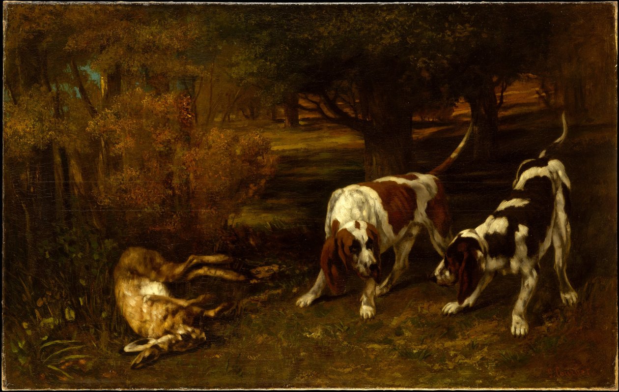 Jagthunde med en død hare af Gustave Courbet