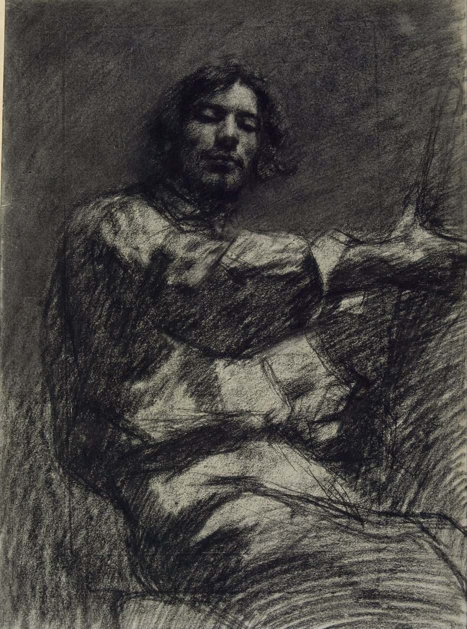 Ung mand siddende, studie. Selvportræt ved staffeliet af Gustave Courbet