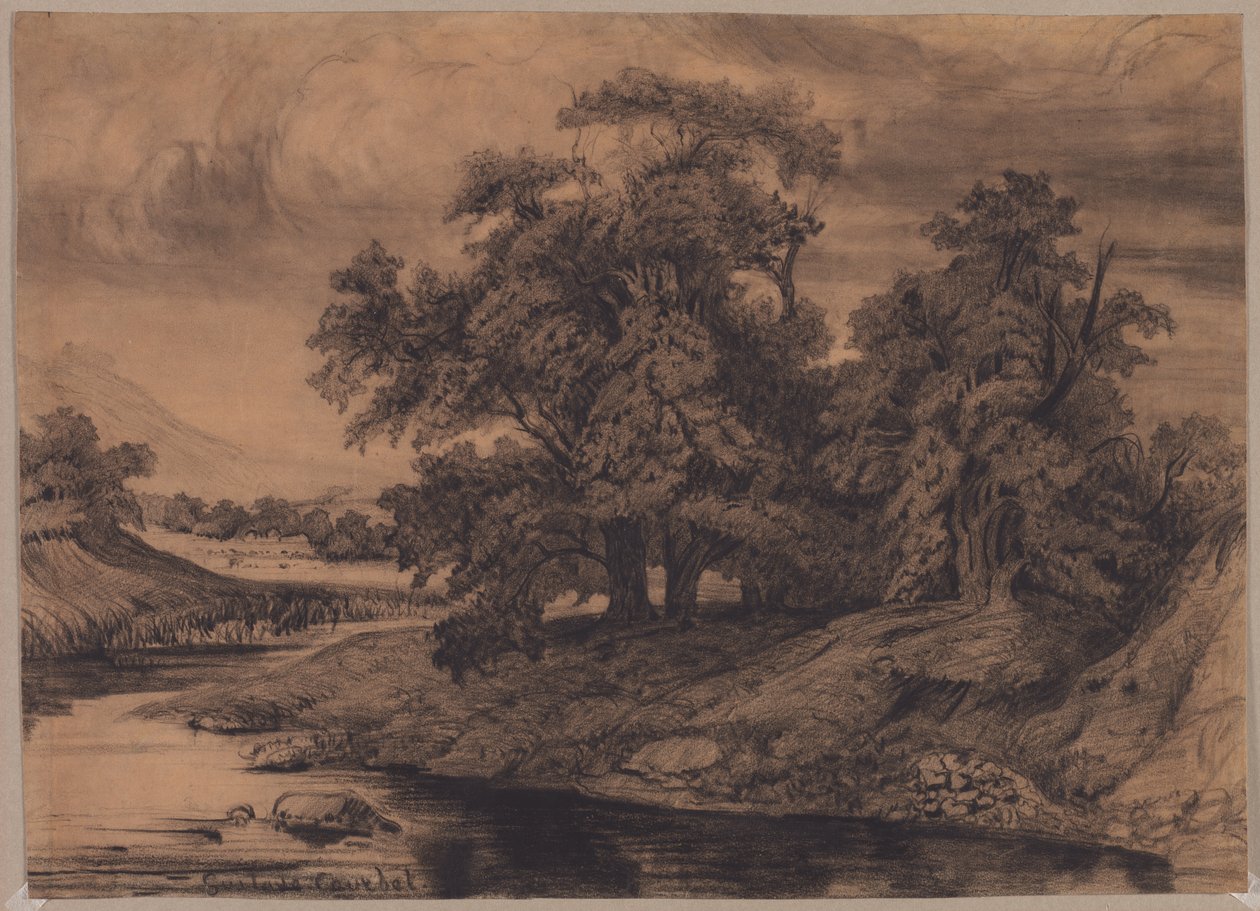 Landskab med store træer af Gustave Courbet