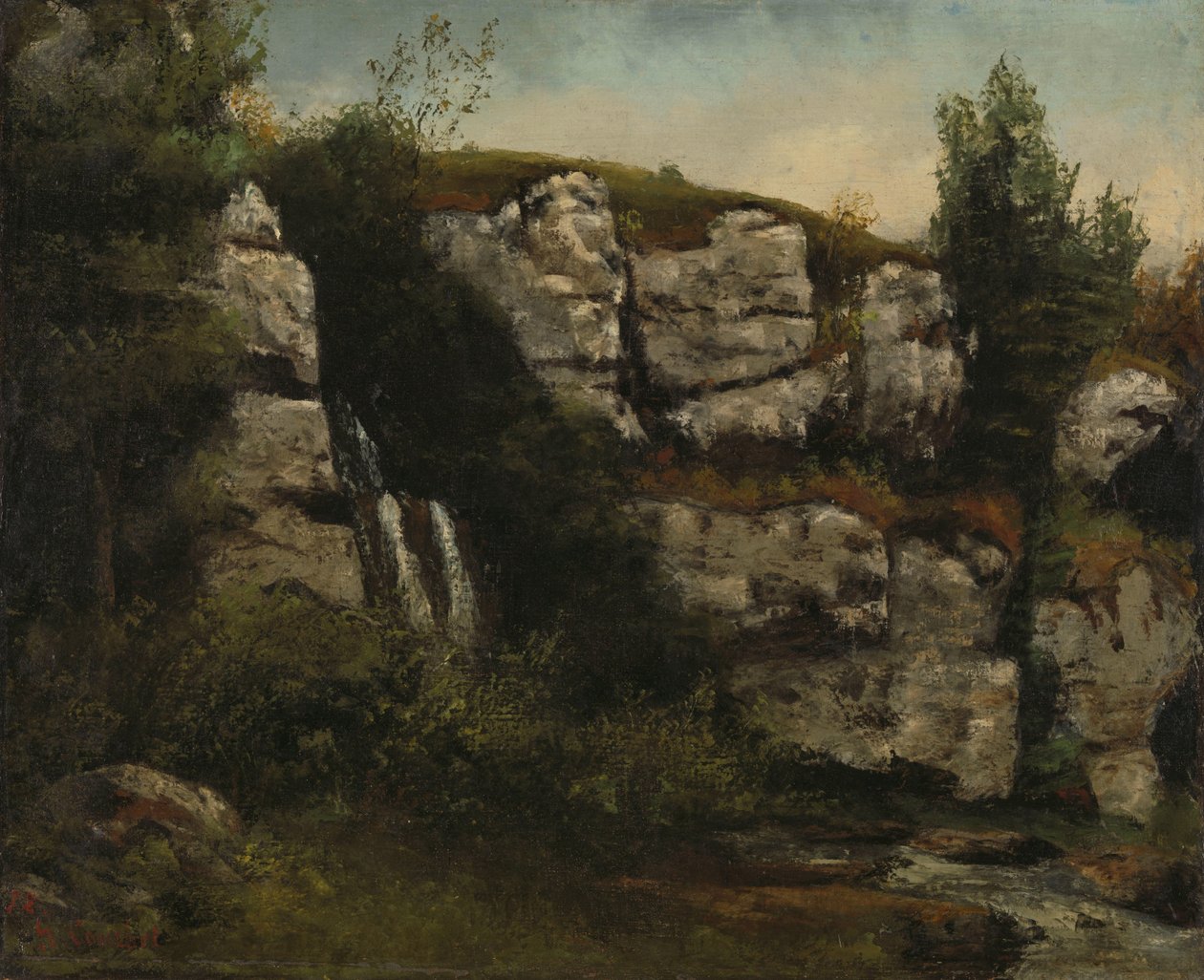 Landskab med klippeklipper og et vandfald af Gustave Courbet