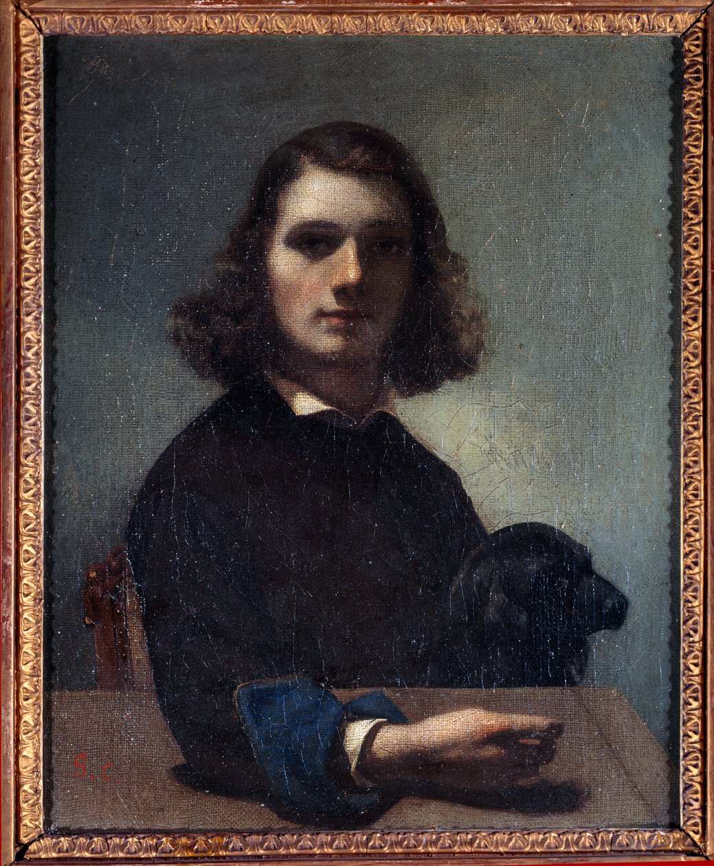 Selvportræt med sort hund-maleri af Gustave Courbet (1819-1877) Pontarlier fra det 19. århundrede, Musee des Beaux Arts. af Gustave Courbet