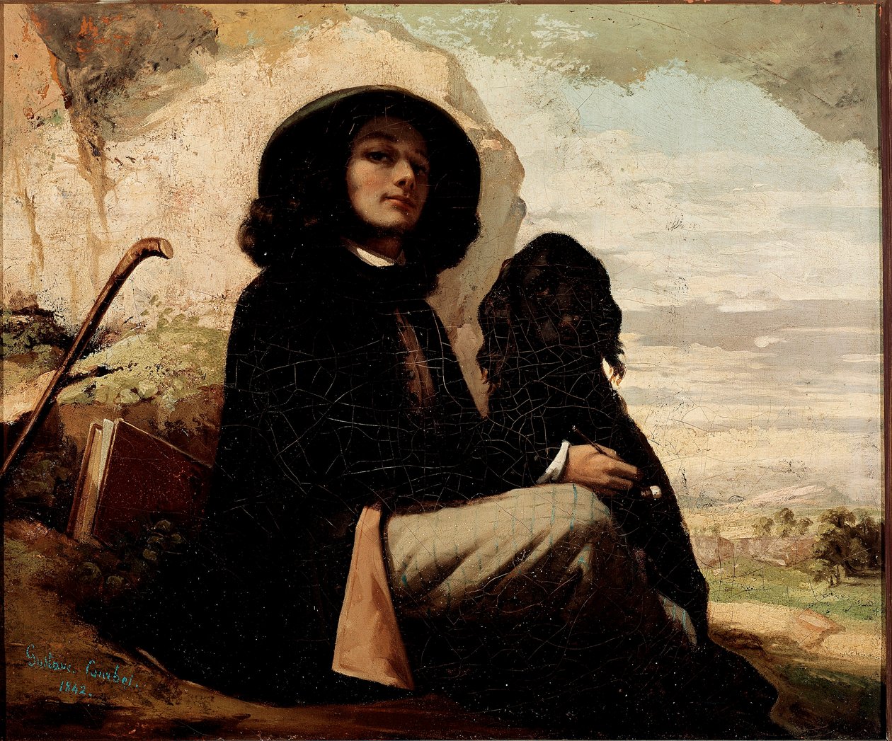 Selvportræt med sort hund af Gustave Courbet (1819-1877) 1842 af Gustave Courbet
