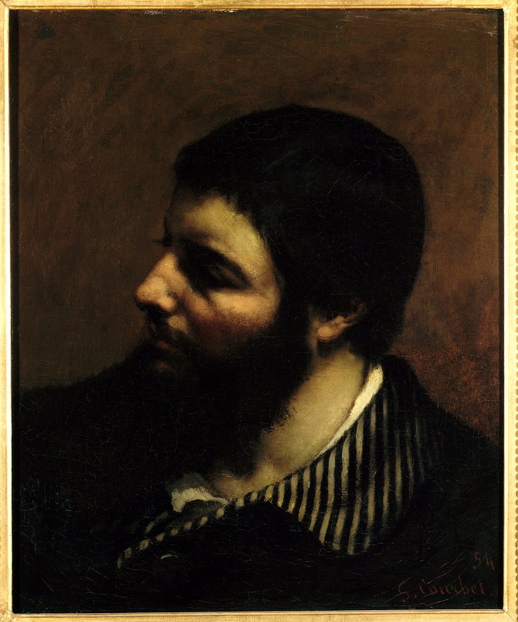 Selvportræt med stribet krave-maleri af Gustave Courbet (1819-1877) Montpellier fra det 19. århundrede, Musee Fabre. af Gustave Courbet