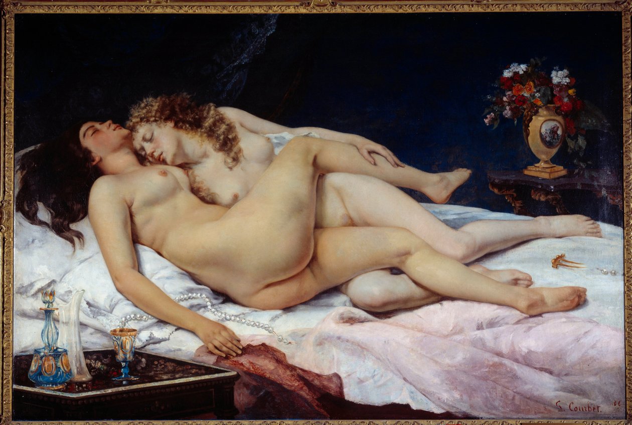 Søvn. To nøgne kvinder krammede i en seng af Gustave Courbet