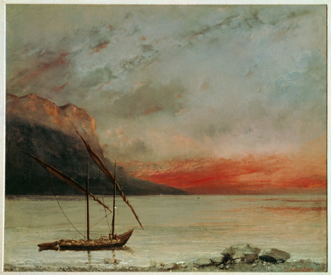 Solnedgang ved Genèvesøen (maleri på lærred) af Gustave Courbet
