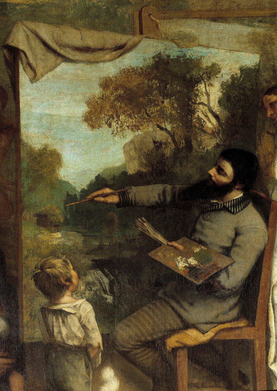 Malerens Værksted. Allegorie Reelle bestemmer en syv-årig fase af mit kunstneriske liv (og moralske) Detalje, der skildrer maleren, der beundres af et barn, der symboliserer ungdommens uskyld. Maleri af Gustave Courbet (1819-1877) af Gustave Courbet