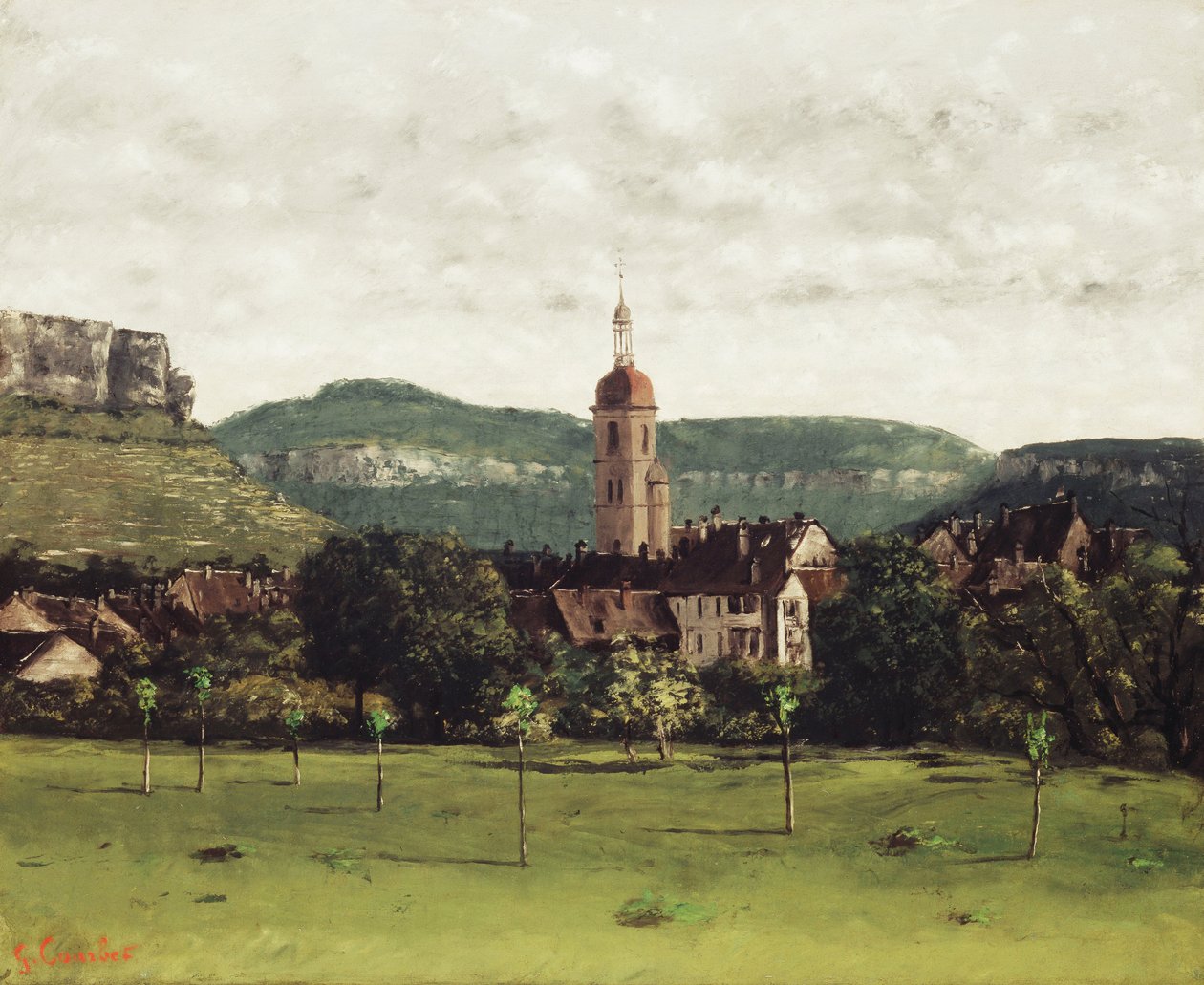 Udsigt over Ornans og dets klokketårn, ca. 1858 af Gustave Courbet