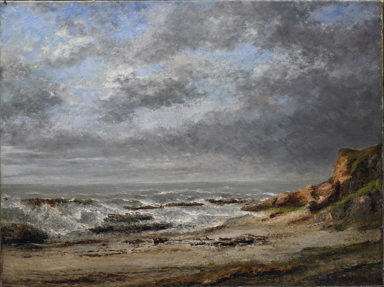 Udsigt over et hårdt hav nær en klippe af Gustave Courbet